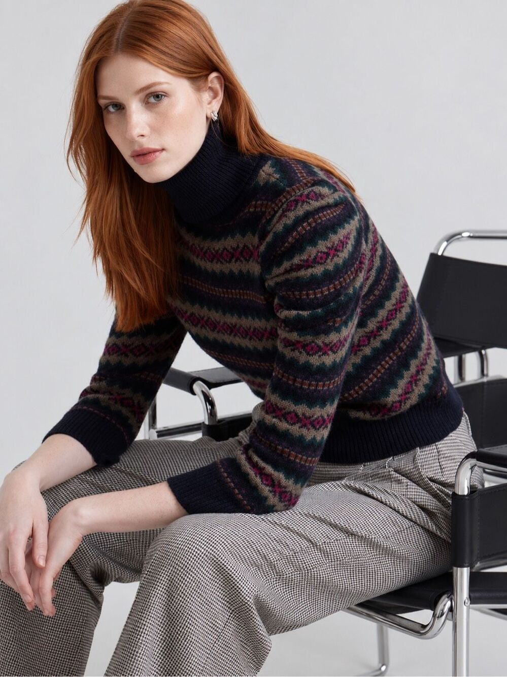 Autumn Cashmere S Jacquard Puff Sleeve Turtleneck Peacoat Fair Isle Sweater